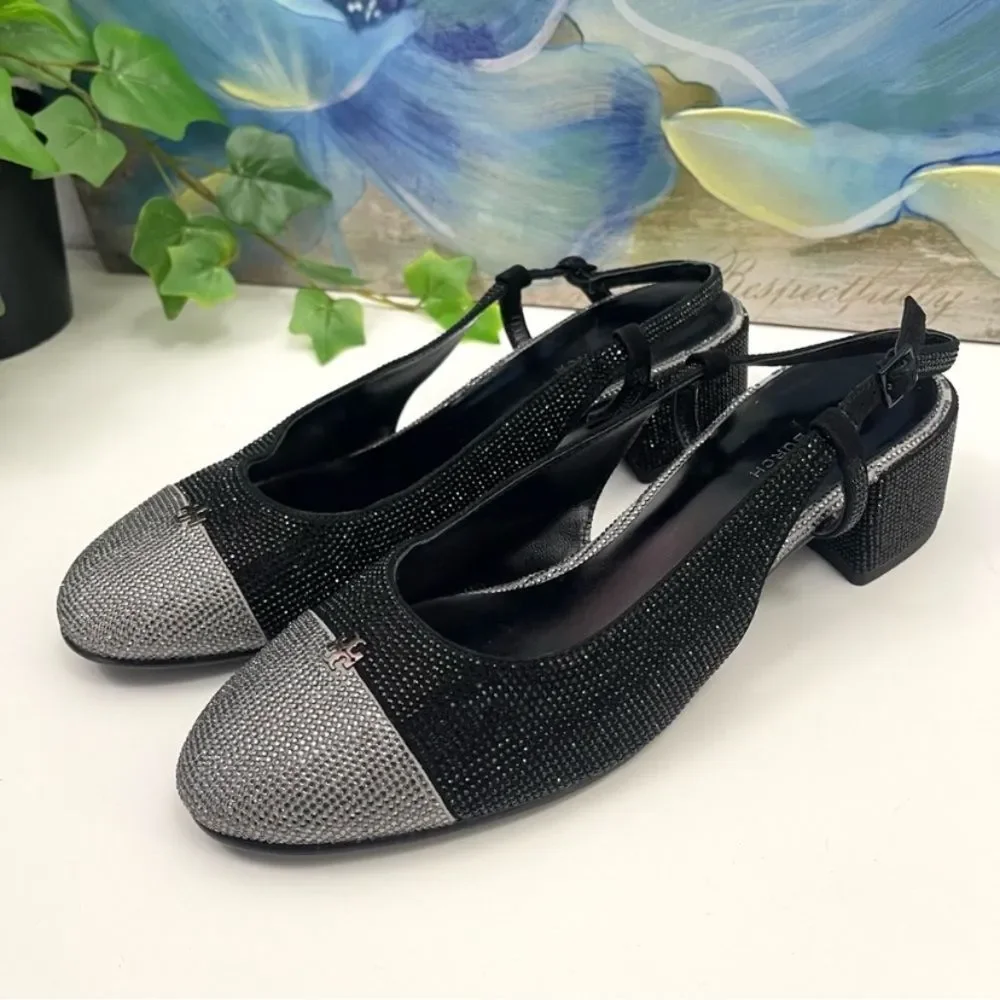 Tory Burch Cap Toe Pave Slingback Heels in Black Silver Size 7